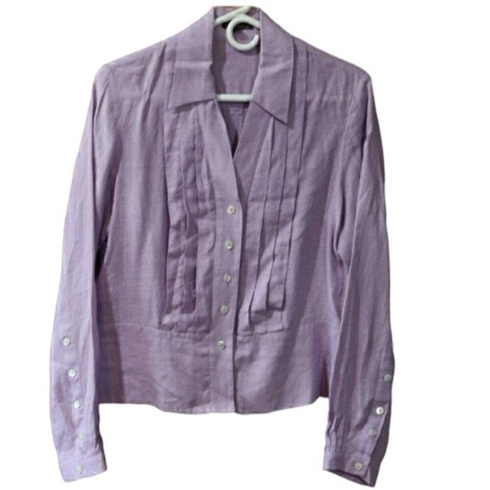 Anne Klein Lavender Button Down Pleated Long Sleeve Feminine Top 100% Linen 10